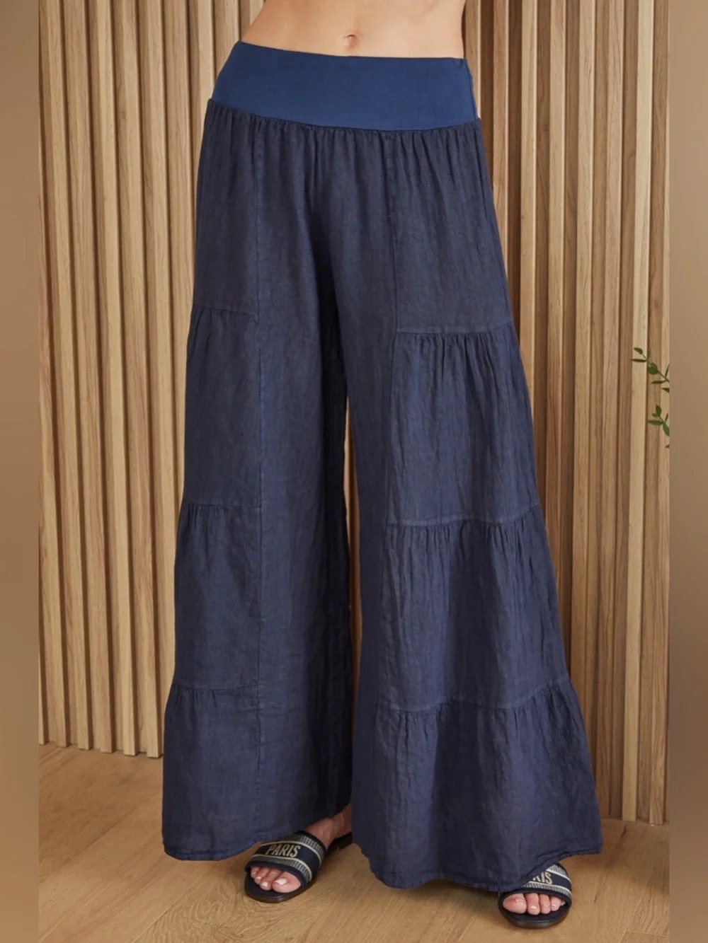(2-36/255005-SOL-NAVY) LINEN TIERED PALAZZO PANT - Picture 1 of 4